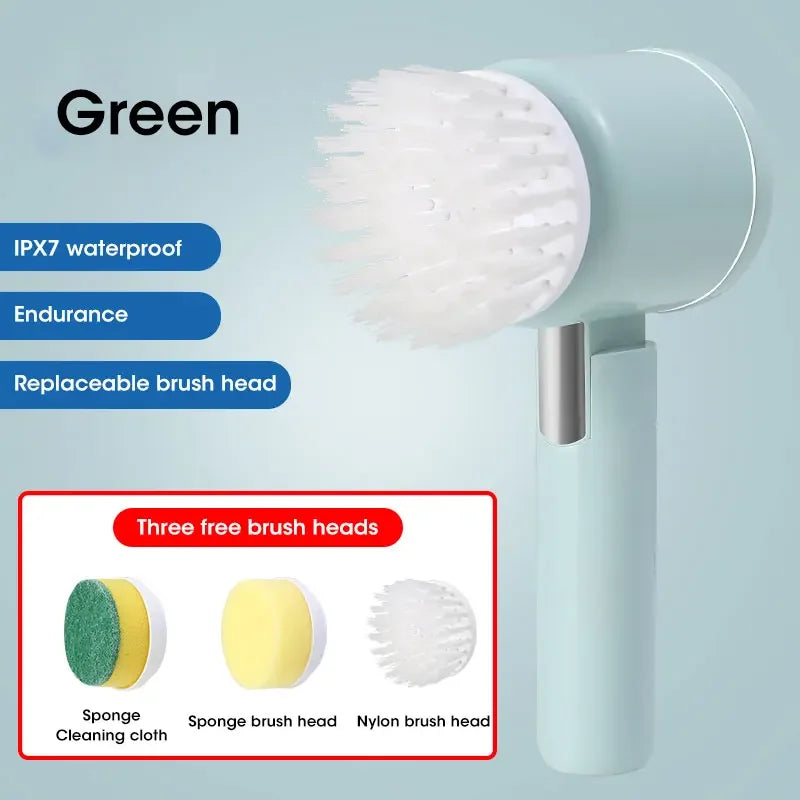 Purificador giratório elétrico sem fio 2025 com 5 escovas, limpador de banheiro recarregável à prova d'água IPX7 para limpeza de azulejos/doche/gravos