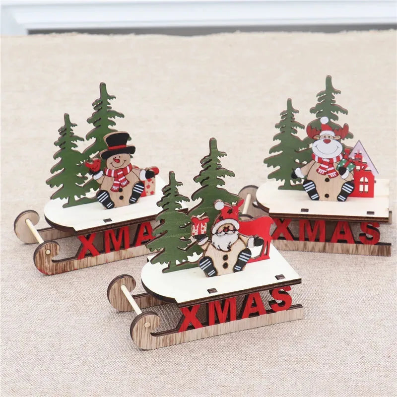 Decorações de natal de madeira diy trenó esqui dos desenhos animados santa ornamento de mesa presente das crianças pequeno presente