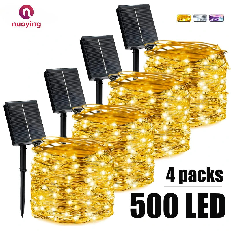 Luz solar ao ar livre da corda led guirlanda de fadas 8 modo jardim quintal festa decoração natal lâmpada fio cobre