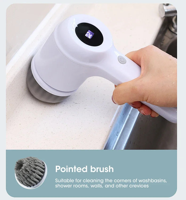 Purificador giratório elétrico sem fio 2025 com 5 escovas, limpador de banheiro recarregável à prova d'água IPX7 para limpeza de azulejos/doche/gravos