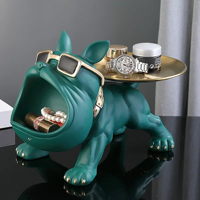 Estátua de cachorro de resina, estátua de buldogue, bandeja de armazenamento, decoração de animais, artesanato de resina, escultura de arte, estátua de cachorro, decoração de casa