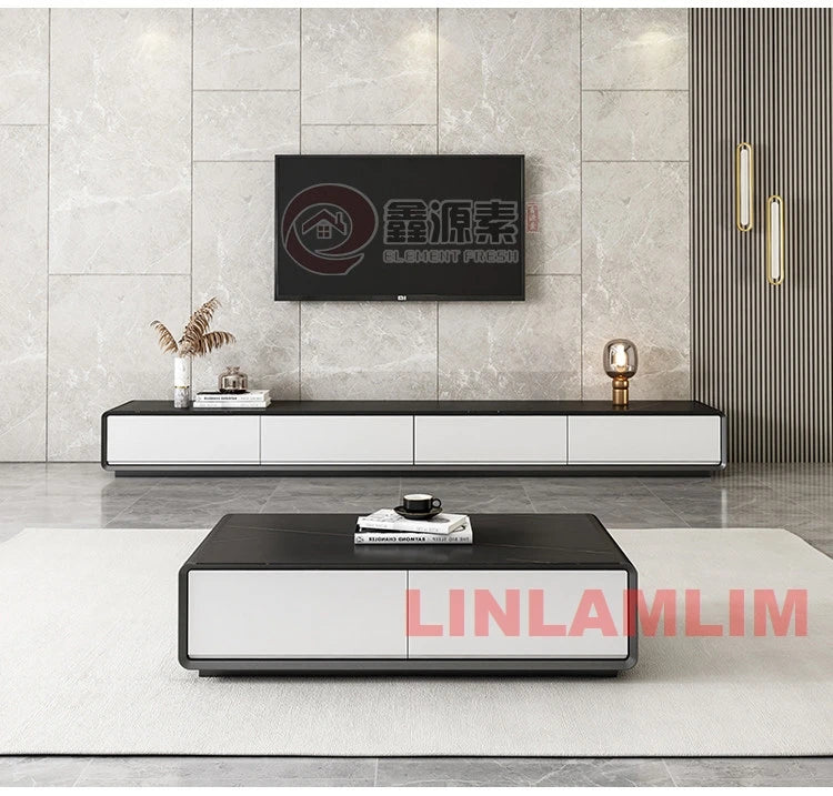 Conjunto de Móveis Modernos Brancos para Sala de Estar, Mesa de Café e Rack para TV com Armários de Armazenamento, Conjunto de Centro de Entretenimento Contemporâneo