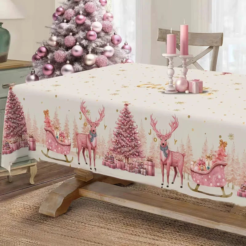 Toalha de Mesa de Natal: Decoração Clássica de Inverno com Estampa de Papai Noel, Floco de Neve e Pinhas – Suprimentos para Cenário Festivo