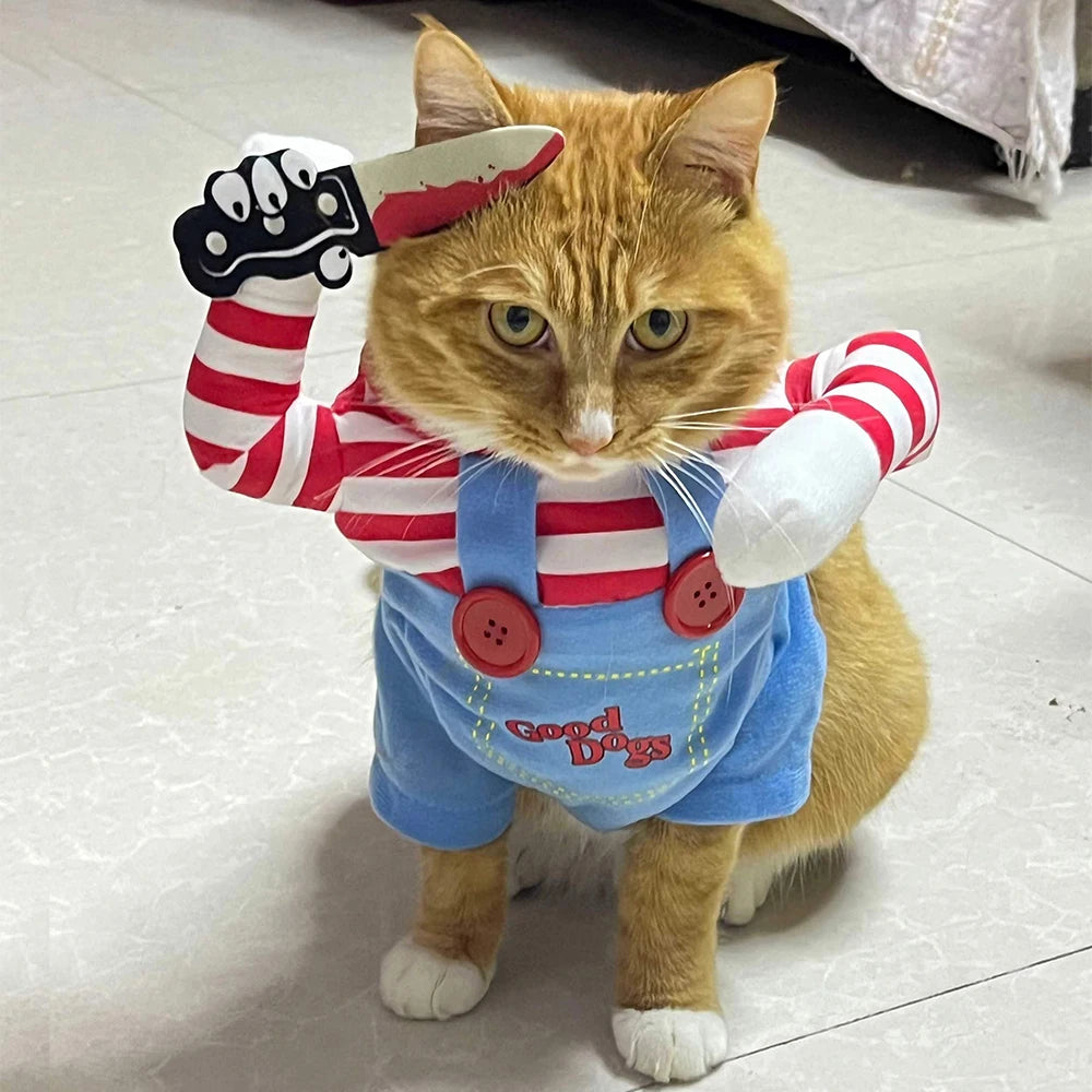 Engraçado roupas para animais de estimação halloween gato trajes cosplay camisa cão macacão segurando faca conjunto filhote de cachorro gatinho vestuário festa presentes suprimentos