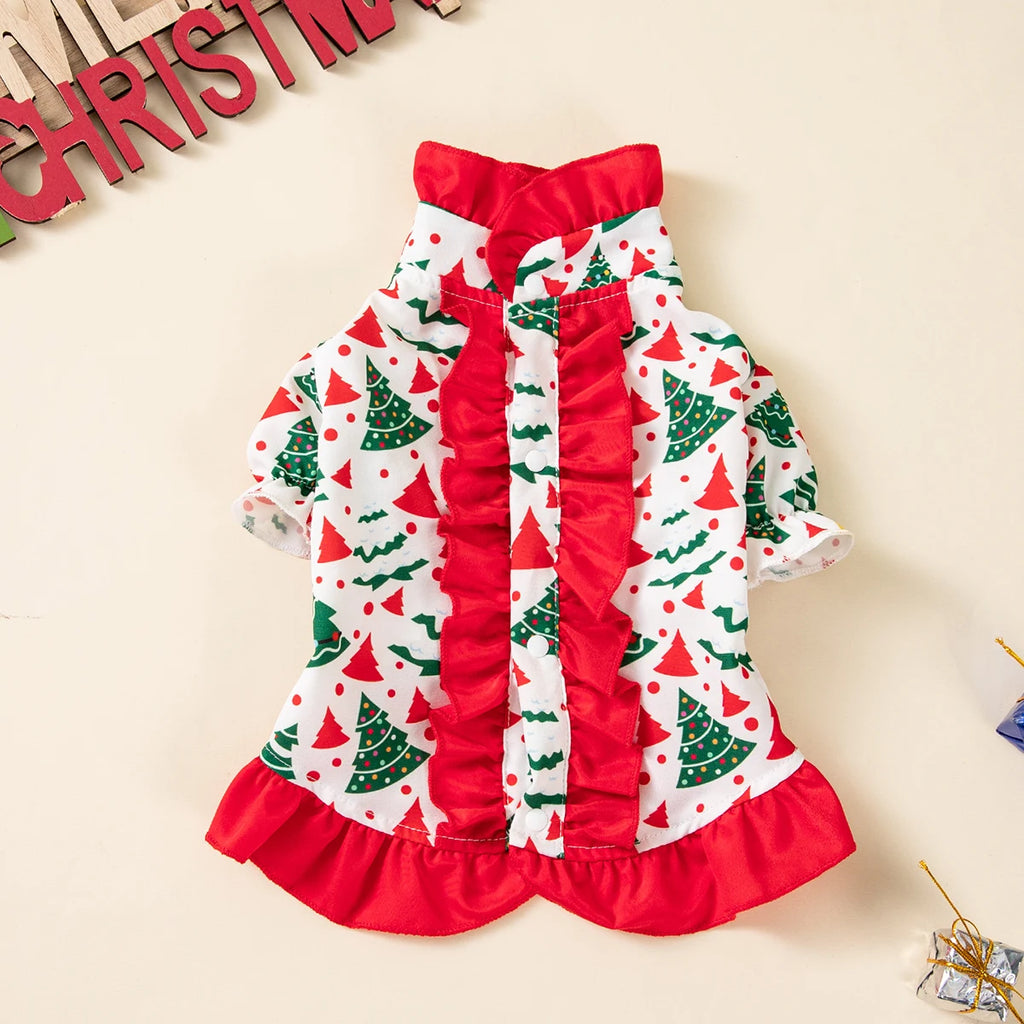 Vestido de Natal para Pets com Estampa de Árvore de Natal, Saia com Babados, Roupa de Festa para Cães e Gatos de Pequeno e Médio Porte, Fantasia Fofa para Pets