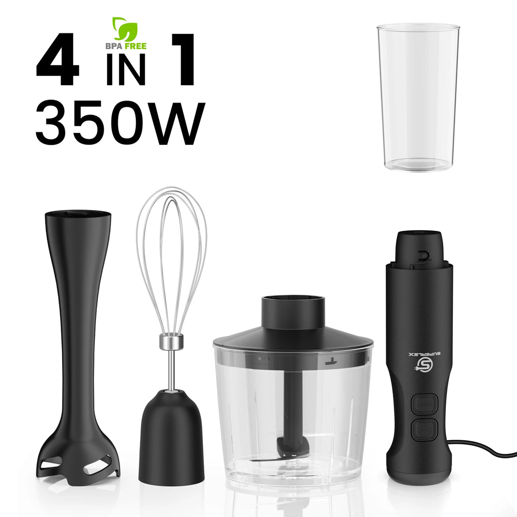 SUPERLEX 350W Mixer de Imersão 4 em 1, Conjunto de Mixer Elétrico Portátil com Batedor, Copo Medidor de 500ml e Picador de 700ml, Controle de 2 Velocidades para Sopas, Smoothies, Papinhas e Carne Moída