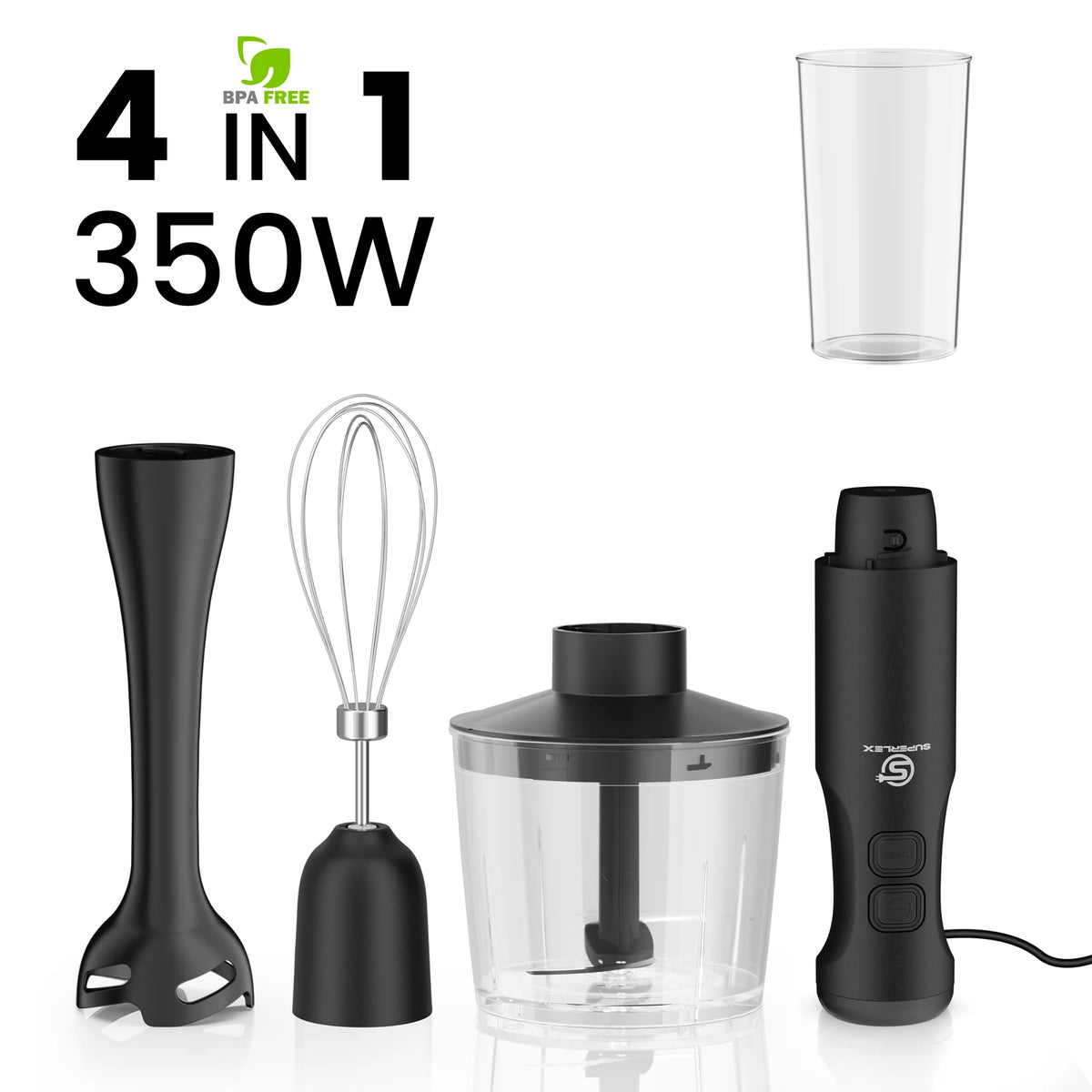 SUPERLEX 350W Mixer de Imersão 4 em 1, Conjunto de Mixer Elétrico Portátil com Batedor, Copo Medidor de 500ml e Picador de 700ml, Controle de 2 Velocidades para Sopas, Smoothies, Papinhas e Carne Moída