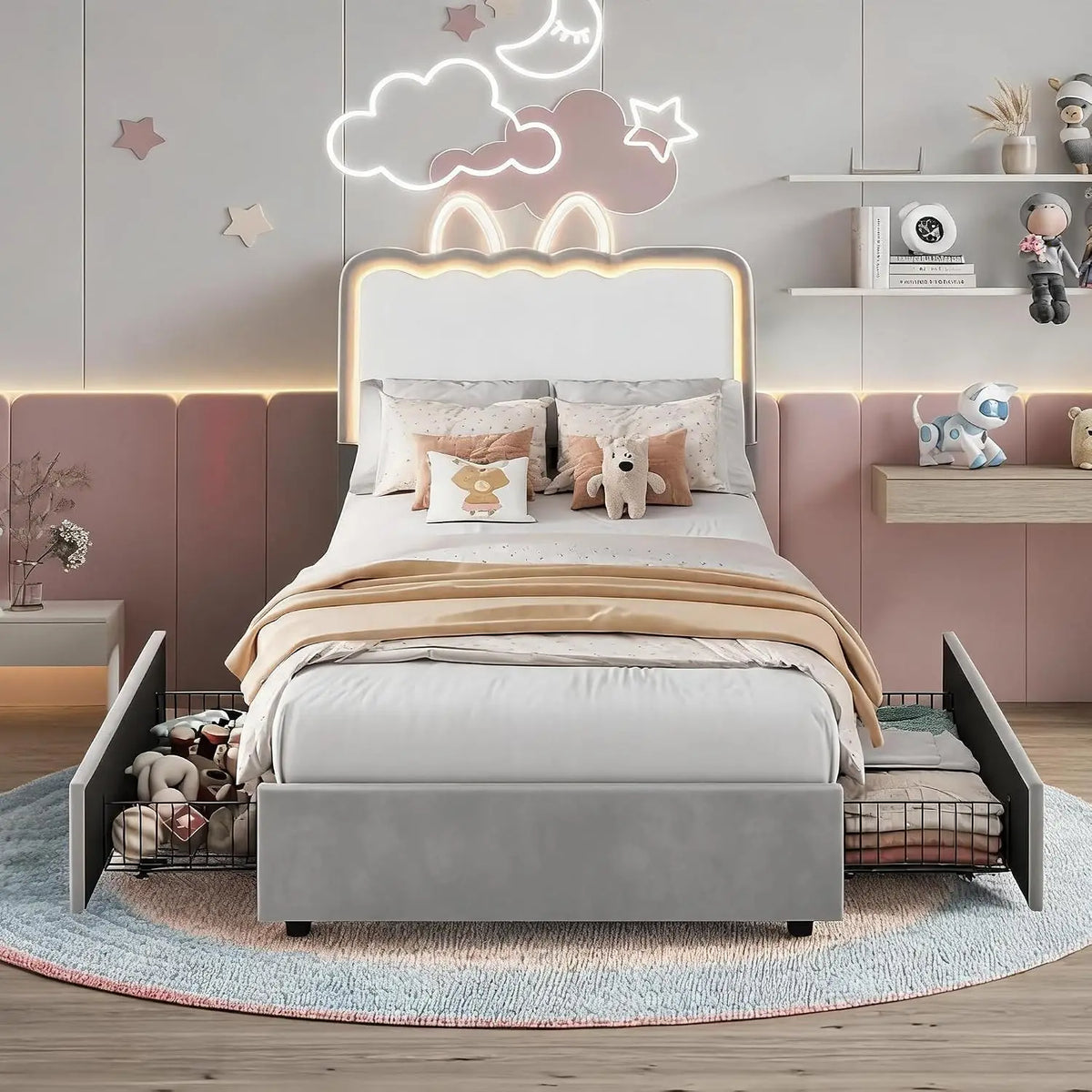 Cama de casal estofada com LED e 2 gavetas de armazenamento, cabeceira de veludo ajustável, cama plataforma para crianças, sem necessidade de estrado.