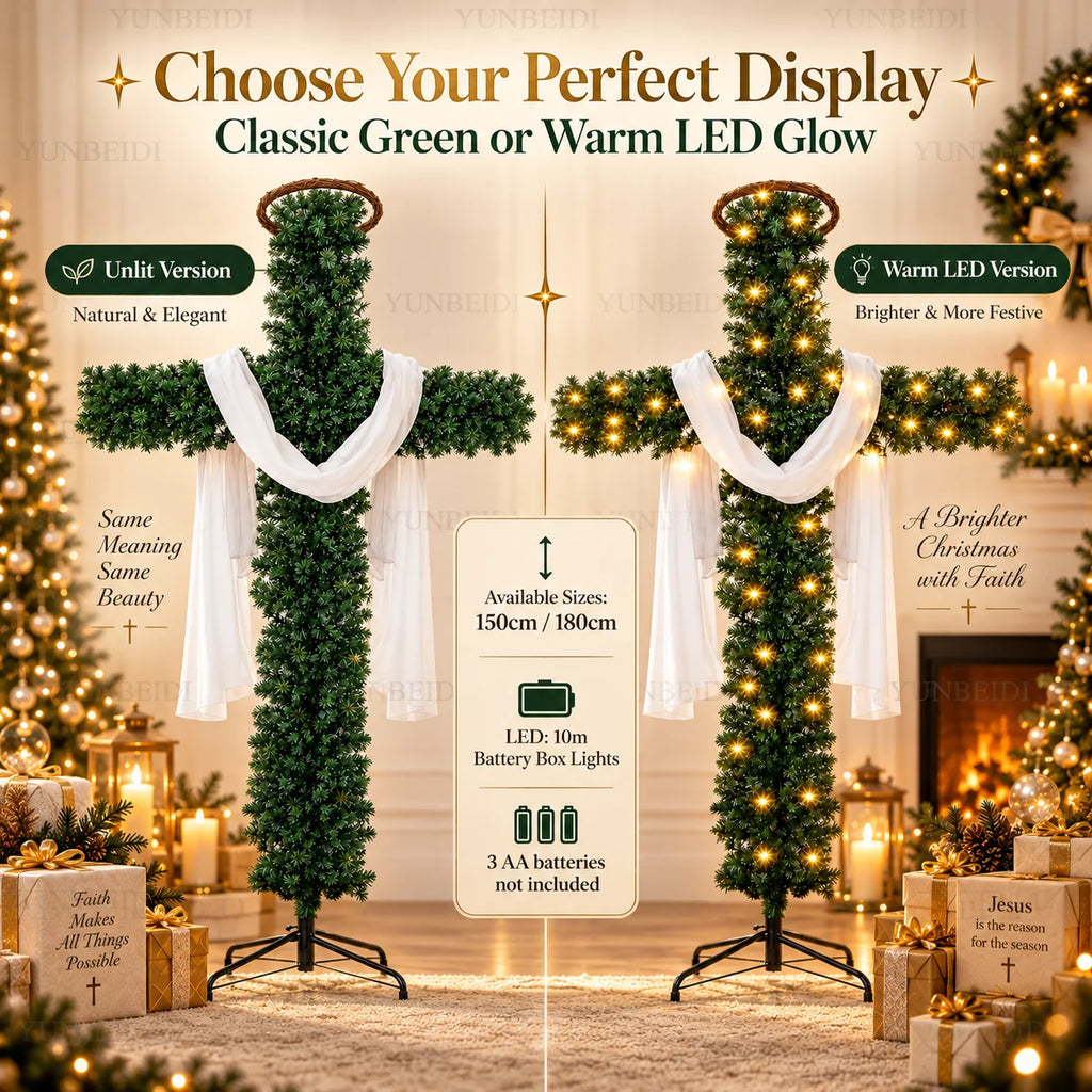 Decoração de Árvore de Natal em Forma de Cruz de 150/180cm com Luzes LED Quentes, Decoração Religiosa para Árvore de Natal, Jardim, Igreja e Festas