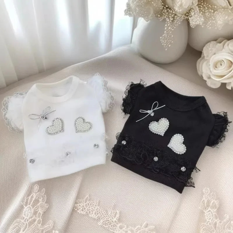 Roupas para animais de estimação para cães e gatos pequenos, blusa de renda com manga bufante, saia jeans, roupa diária fofa para cachorrinhos e gatinhos