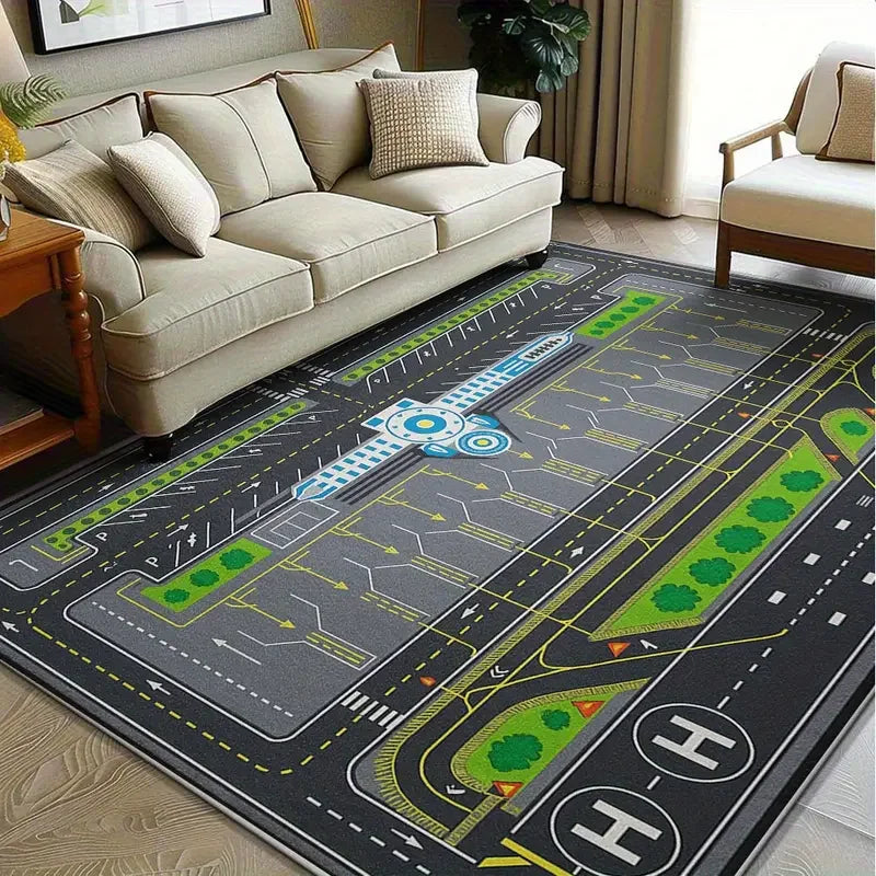 Tapete para Sala de Estar com Padrões Abstratos de Pista de Aeroporto, Tapete Lavável na Máquina, Antiderrapante, Macio, para Estudo e Quarto