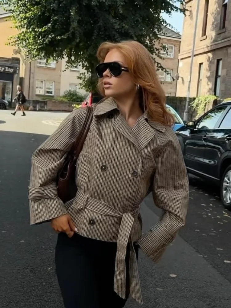 Women's Casual Plaid Short Trench Coat, Lapel, Double-Breasted, Belted Waist, Loose Long Sleeve Checkered Jacket, Autumn Windbreaker