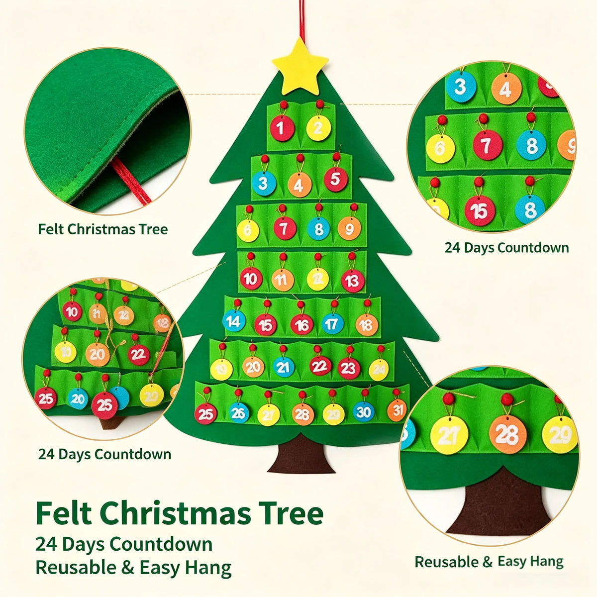 Calendário de Contagem Regressiva para Decoração de Árvore de Natal, Calendário de Advento Reutilizável DIY para Pendurar, Decoração de Festa de Natal e de Casa