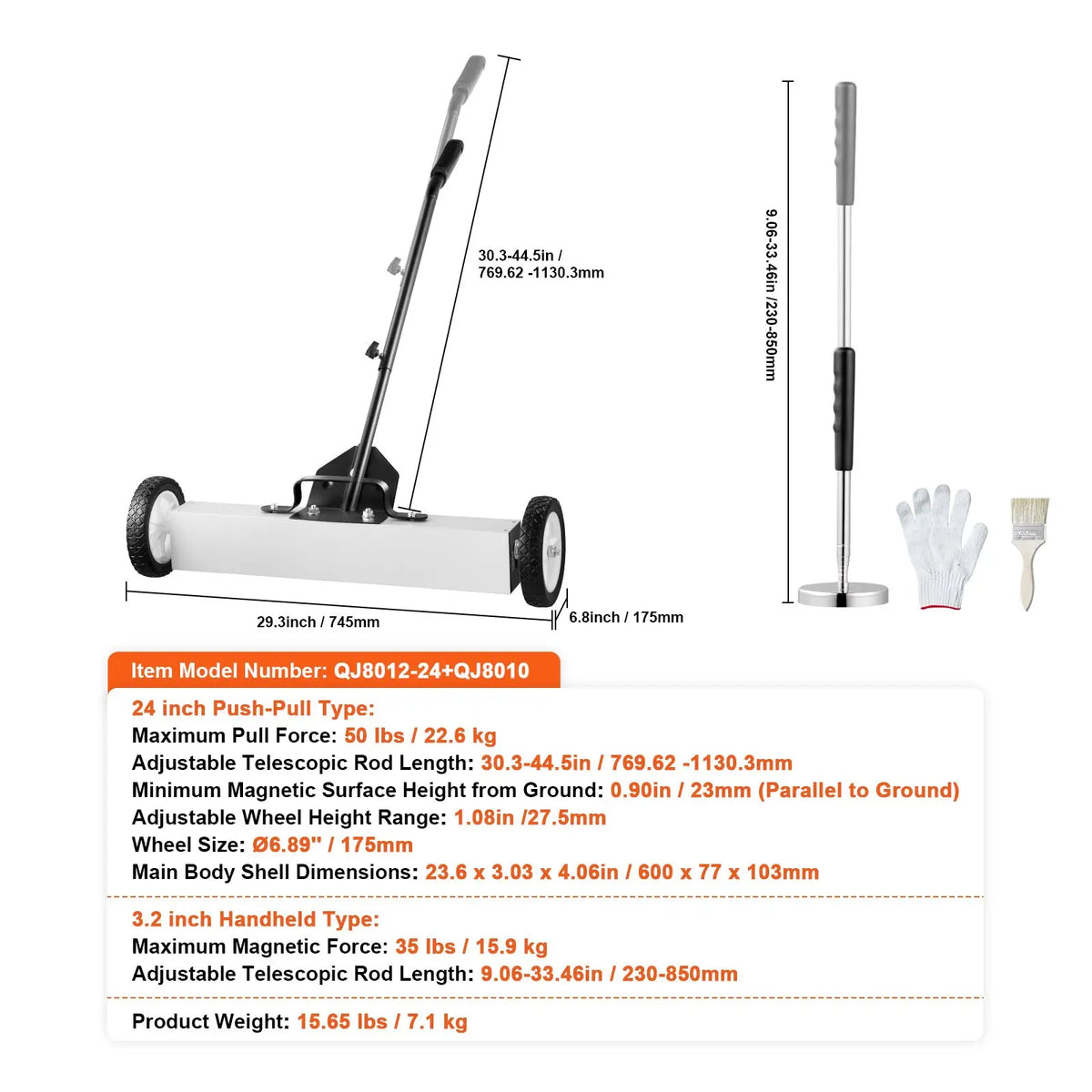 24-Inch Telescoping Magnetic Separator Wheels Adjustable Handle 50 Lbs Capacity Magnetic Pickup Tool for Convenient Tool Storage