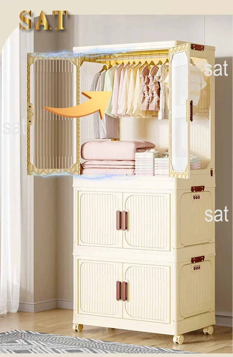 -Armário de armazenamento dobrável multicamadas com rodas, porta dupla, guarda-roupa, transparente, grande capacidade, organizador, prateleira