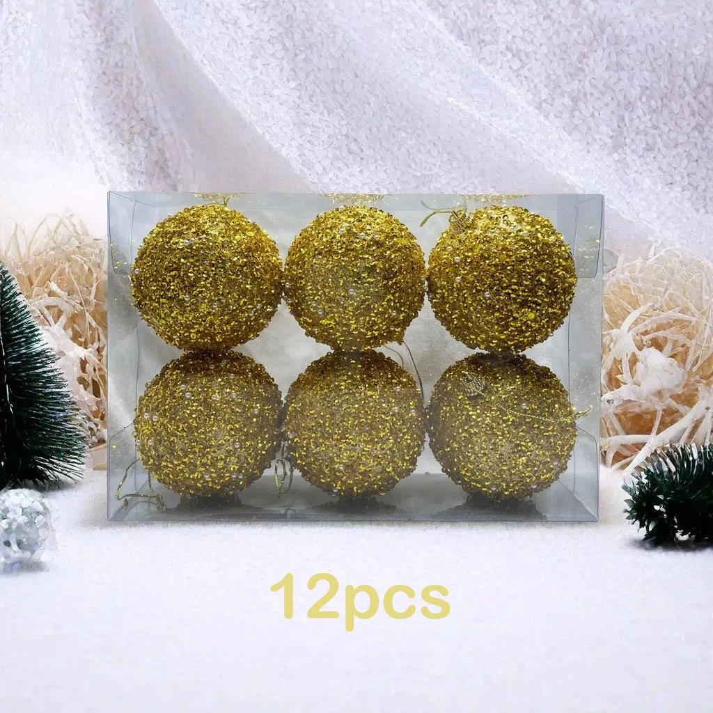 12pçs bolas de natal com glitter dourado champanhe, 8cm, árvore de natal pendurada, pingentes de bola brilhante para decoração de festa de ano novo, ornamentos