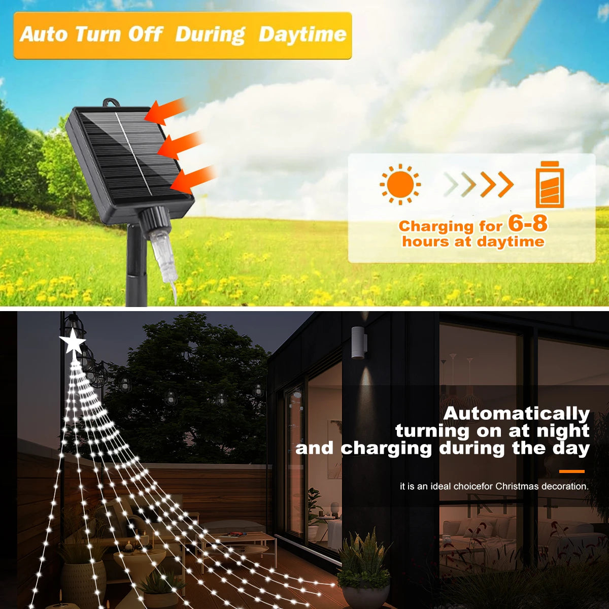 Luzes de Natal Solares para Exterior, 8 Modos, Luzes LED em Forma de Pentagrama de 2/3M, Cordão à Prova d'Água para Decoração de Festas no Quintal