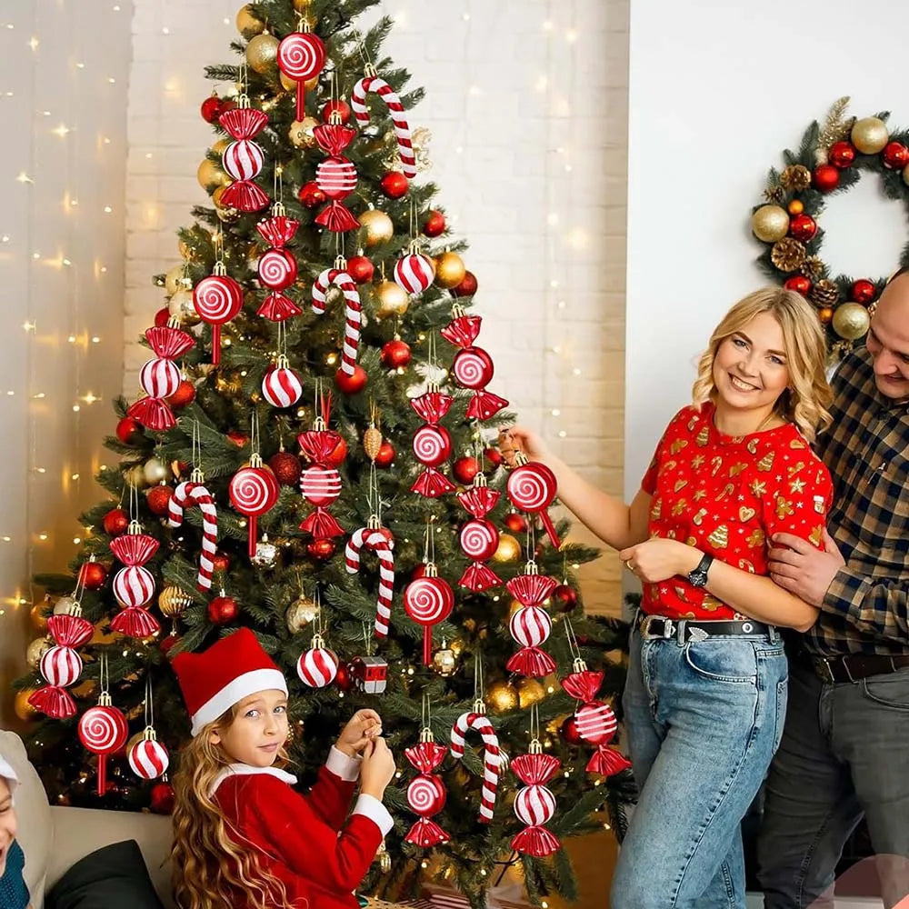 Decorações de doces para árvore de natal, bastão de doces vermelho e dourado, pinhas, decoração de casa de natal 2025, enfeite de árvore de natal