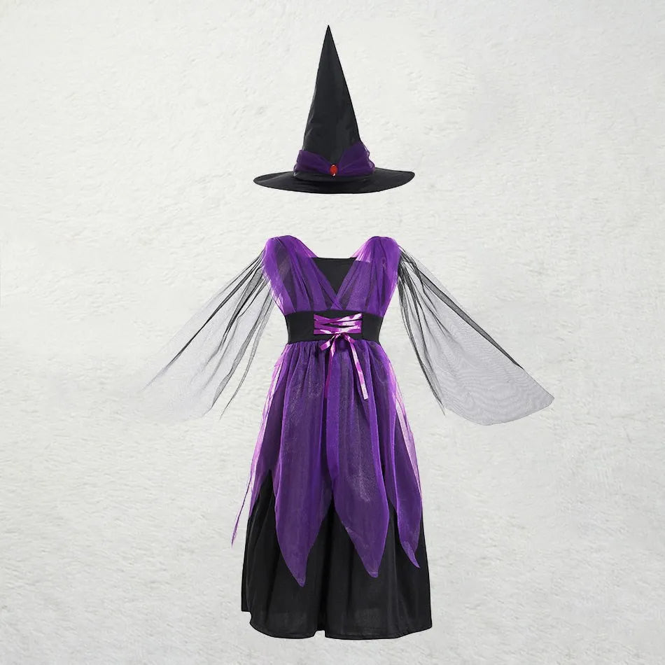 Crianças traje de bruxa meninas conto de fadas feiticeiro vestido crianças halloween abóbora roupas bebê bat aranha festa cosplay outfit 2-15t