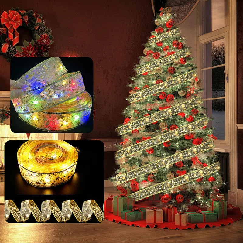 LED Ribbon Fairy Lights para Natal, enfeites de árvore de Natal, decoração, DIY Bows, String Light, Ano Novo, 2025, 2025