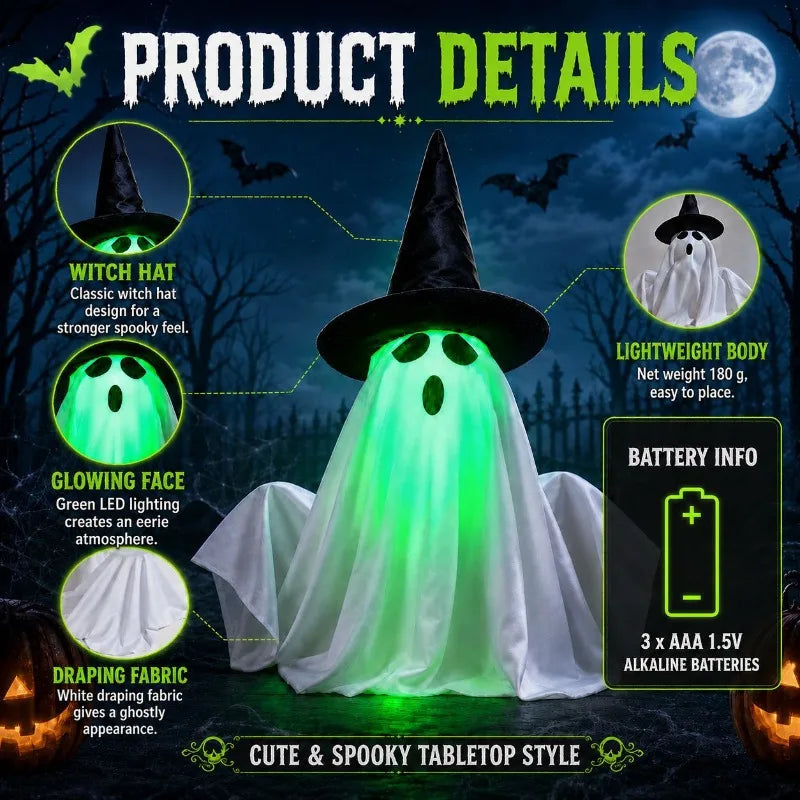 Decoração de Halloween Fantasma Iluminado com Chapéu de Bruxa, Rosto Verde Brilhante com Efeito Sonoro Assustador, Enfeite de Mesa para Festa de Casa Assombrada