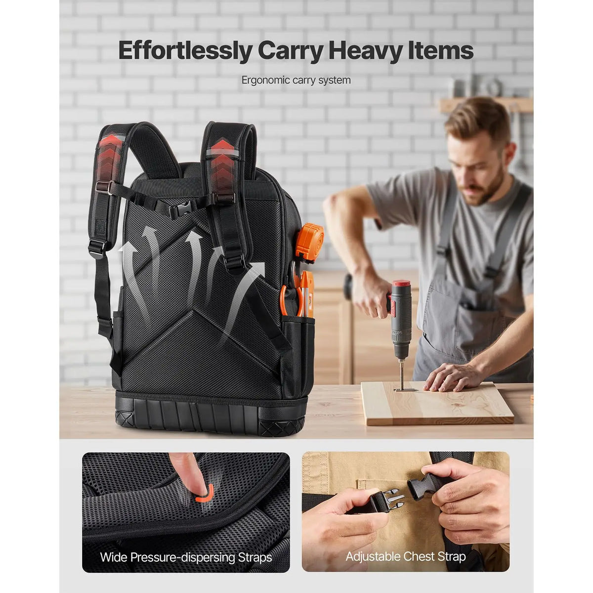 Heavy Duty PVC Tool Backpack with 65 Pockets Electrician JO Work Bags Organizer Molded Base Laptop Compartment OEM Customizable