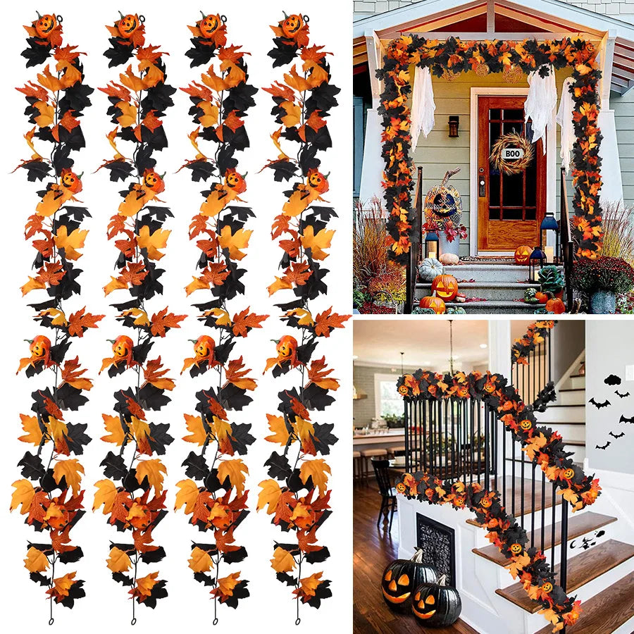 Decorações de Guirlanda de Halloween com Folhas Pretas e Abóboras 3D para o Festival de Ação de Graças e Decoração de Lareira