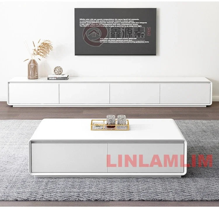 Mesa de Café e Rack para TV com Armários de Armazenamento, Conjunto de Móveis Modernos Brancos para Sala de Estar, Conjunto de Centro de Entretenimento Contemporâneo