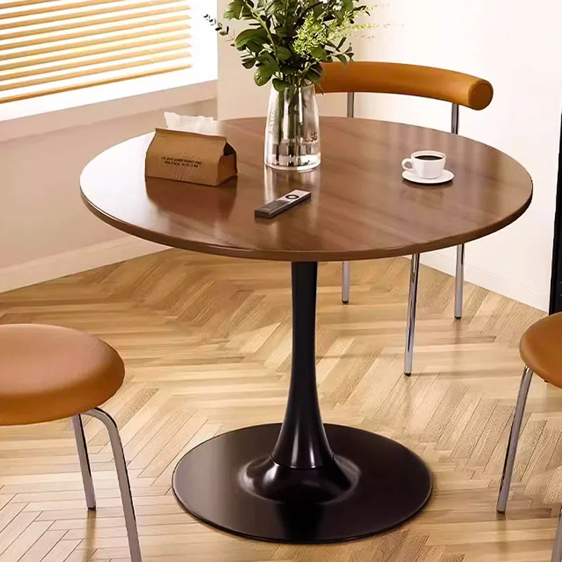Mesa redonda, mesa de jantar de madeira para uso doméstico, mesa lateral, mesa de café para negociações, mesa redonda para café, base de metal em aço carbono