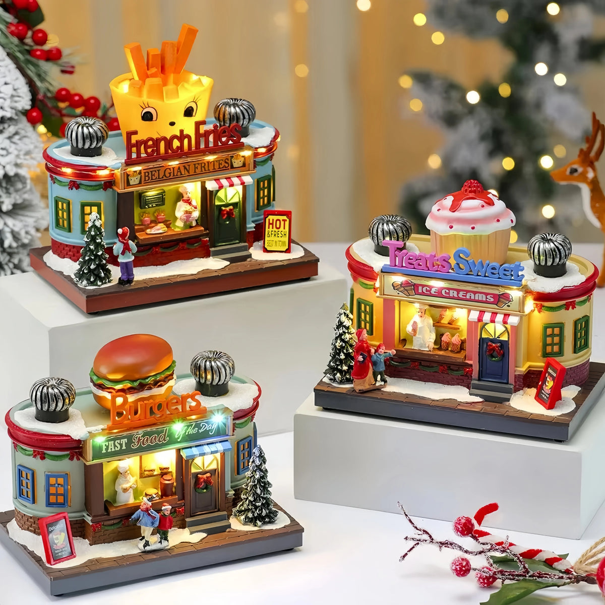 Caixa de Música Iluminada de Natal, Ornamento de Papai Noel em Resina, Caixa de Presente, Decoração de Natal para Casa, Cozinha, Café, Janela, Festa de Fim de Ano
