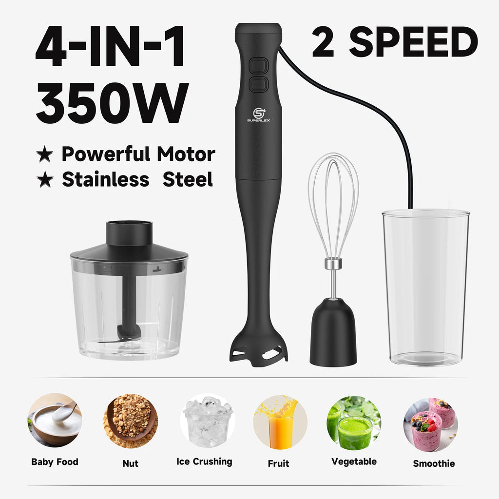 SUPERLEX 350W Mixer de Imersão 4 em 1, Conjunto de Mixer Elétrico Portátil com Batedor, Copo Medidor de 500ml e Picador de 700ml, Controle de 2 Velocidades para Sopas, Smoothies, Papinhas e Carne Moída