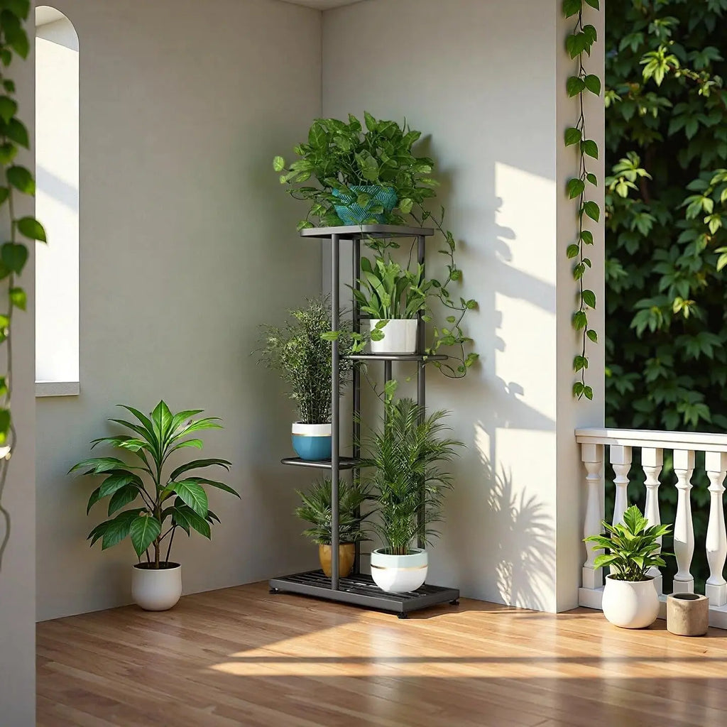 Suporte de Metal para Plantas de 4 Níveis para Uso Interno e Externo, Prateleira de Canto para Jardim, Varanda, Sala de Estar e Pátio