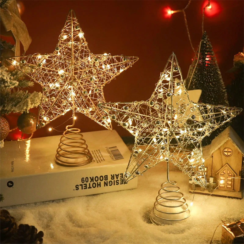 Estrela de Natal para Árvore com Luzes de Fio de Pérola Dourada e Prateada, Decoração de Árvore de Natal, Decoração de Casa para o Ano Novo, Enfeites de Natal.