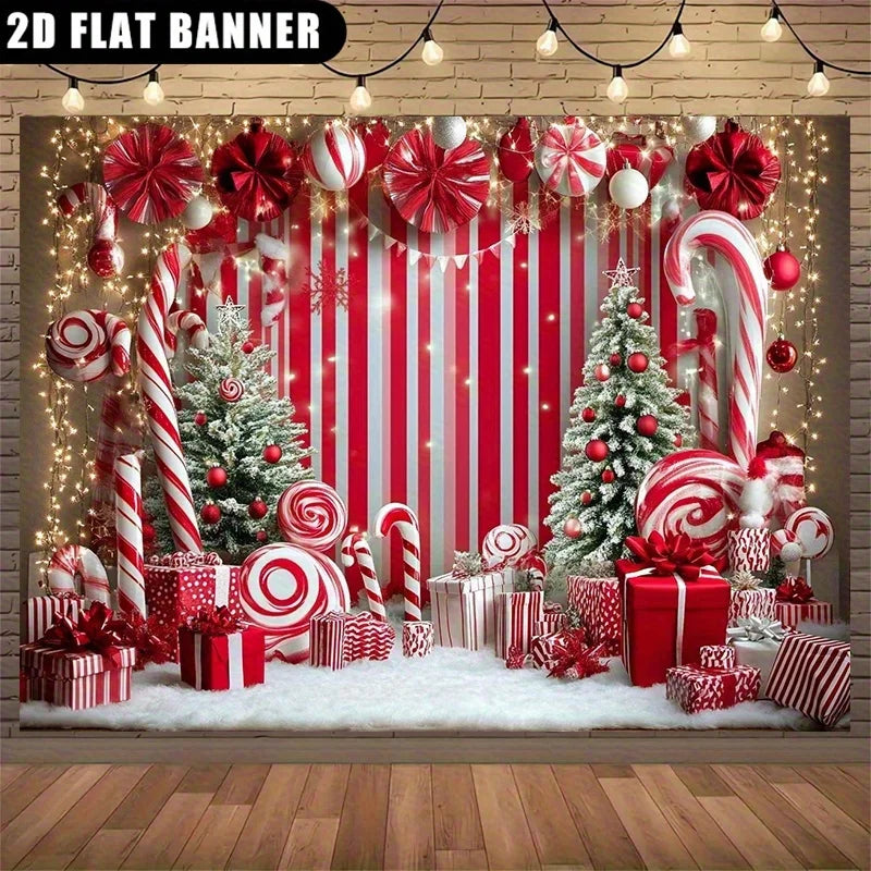 Fundo natalino, com elementos como bengalas de doces e casas de gengibre, decorações de festa e decorações de Natal.