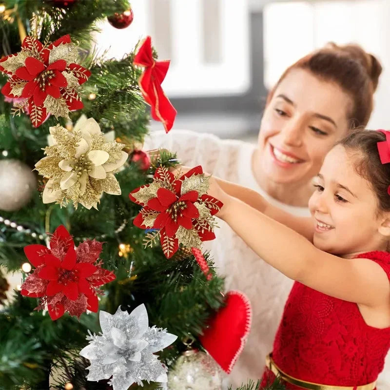 Natal glitter flores artificiais árvore de natal pendurado ornamentos flor falsa para casa 2025 natal ano novo 2026 navidad presente