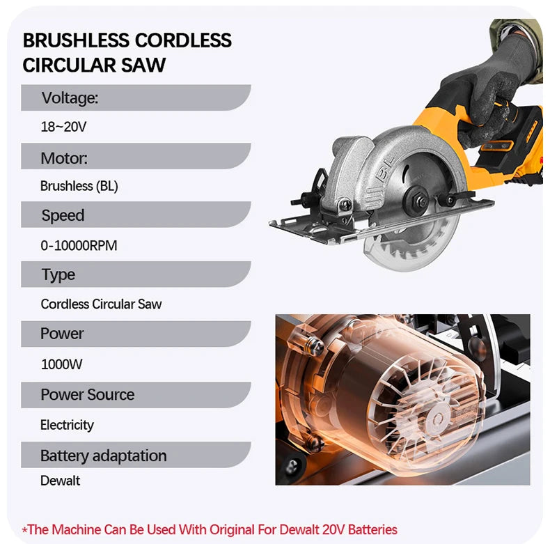 Serra circular elétrica sem escova Electric Goddess 5 polegadas ﻿ Para bateria Dewalt 20V ﻿ Ferramenta elétrica de serra portátil sem fio para carpintaria de 1000 W ﻿
