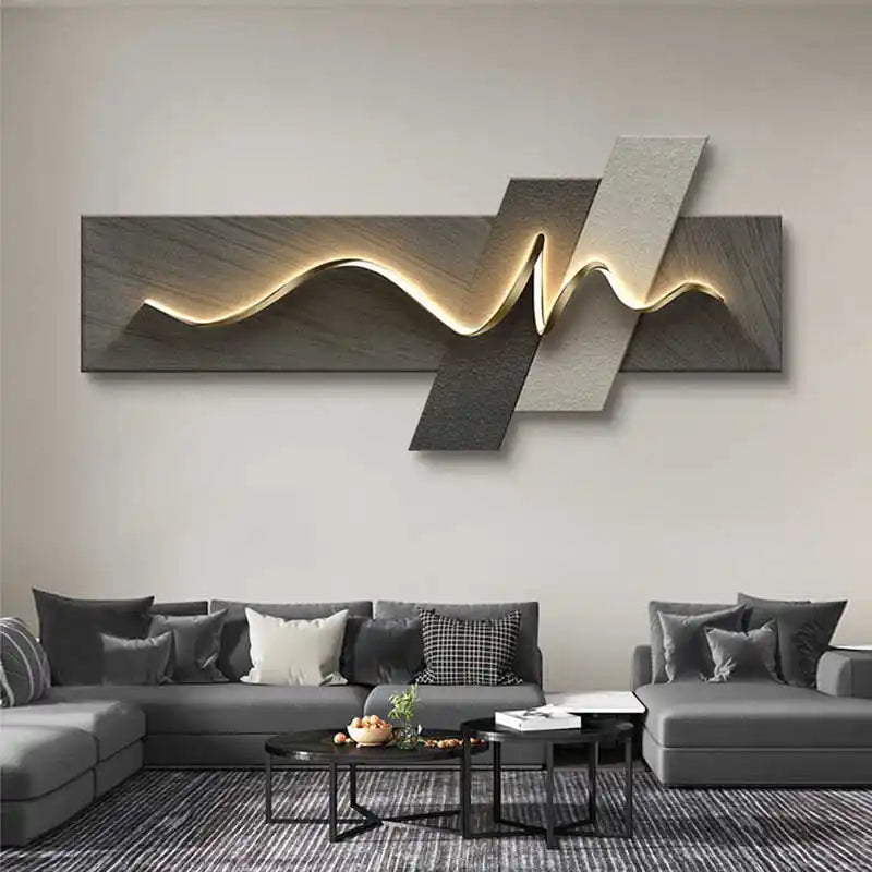 Pintura de decoração de sala de estar, pintura de luz ambiente LED, parede de fundo de sofá de luxo moderno, pintura suspensa minimalista