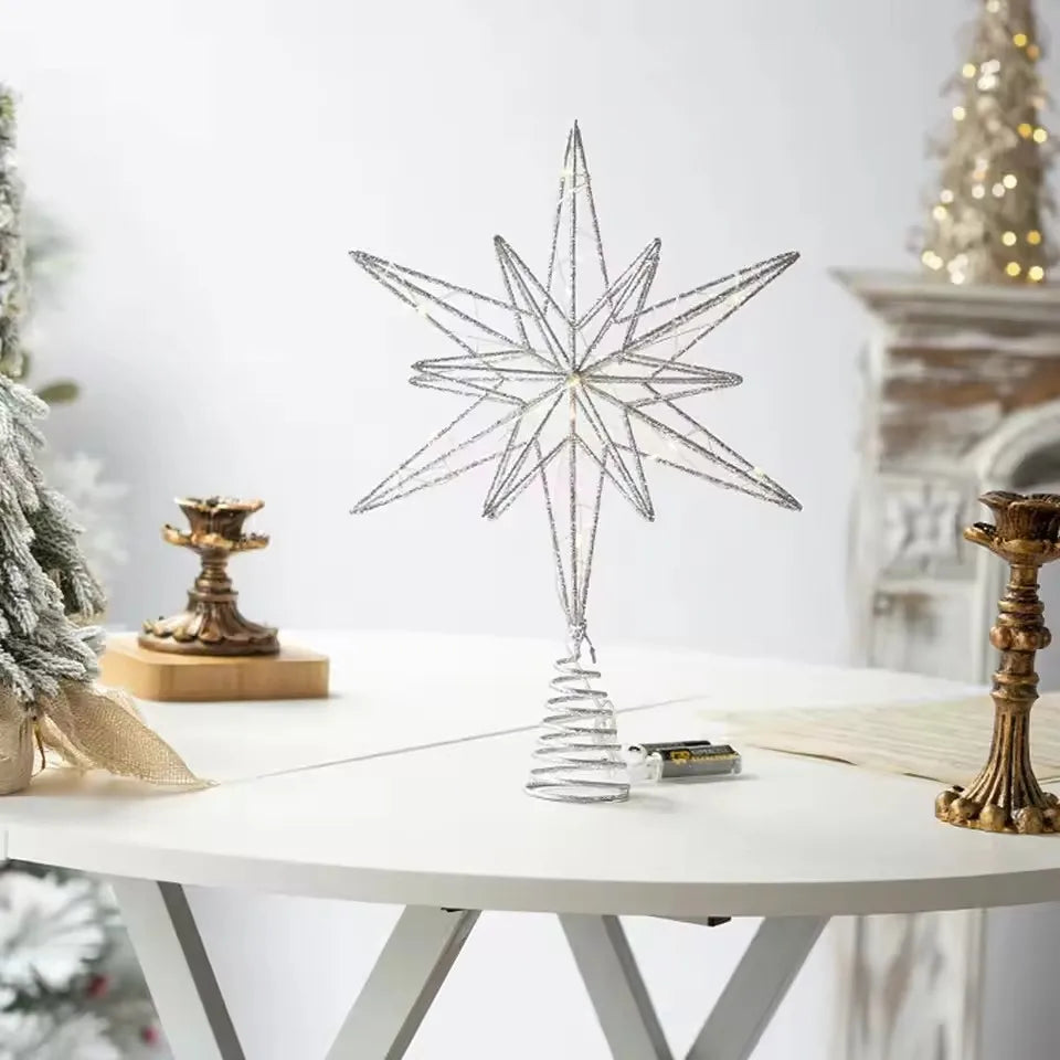 Estrela para Topo de Árvore de Natal com Luzes LED, Enfeites Criativos com Luzes LED e Glitter, Decoração de Árvore de Natal para Festas
