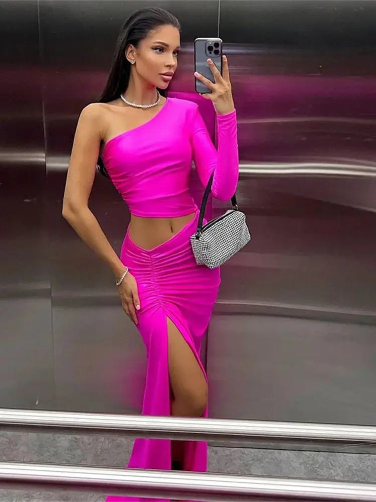 CNYISHE Women's One-Shoulder Cut-Out Ruched Split Maxi Dress Elegant Party Prom Gown Sexy Birthday Outfits