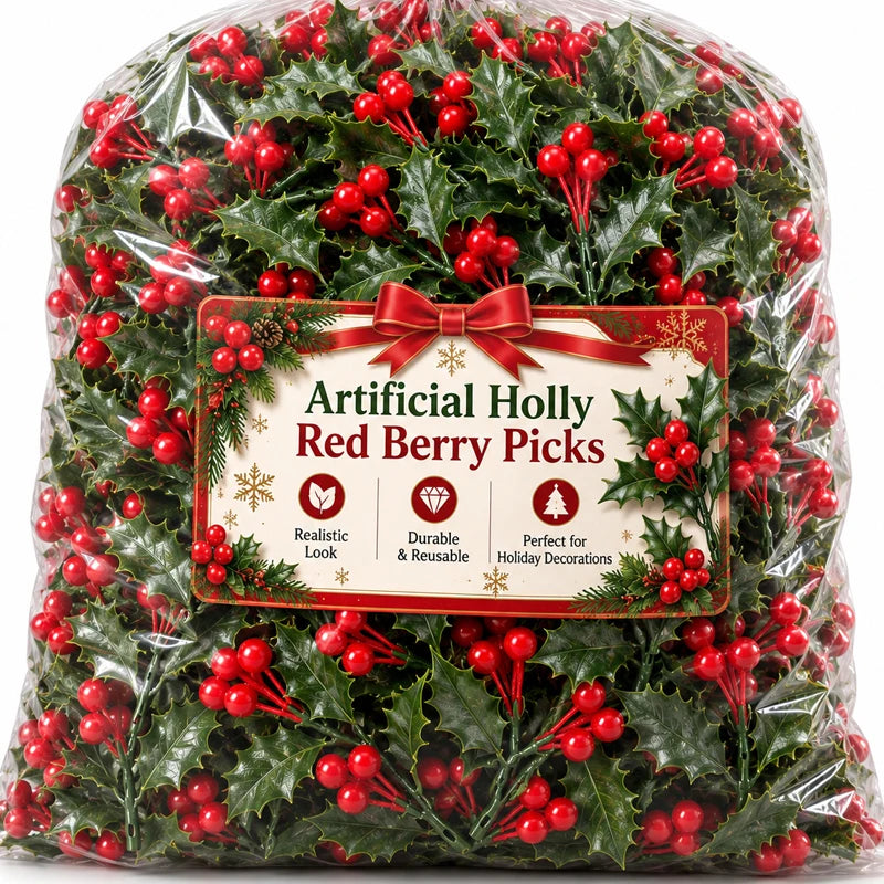 Guirlanda de Natal com Azevinho Artificial, Bagas Vermelhas, Folhas Verdes, Enfeites para Árvore de Natal, Guirlanda, Buquês DIY