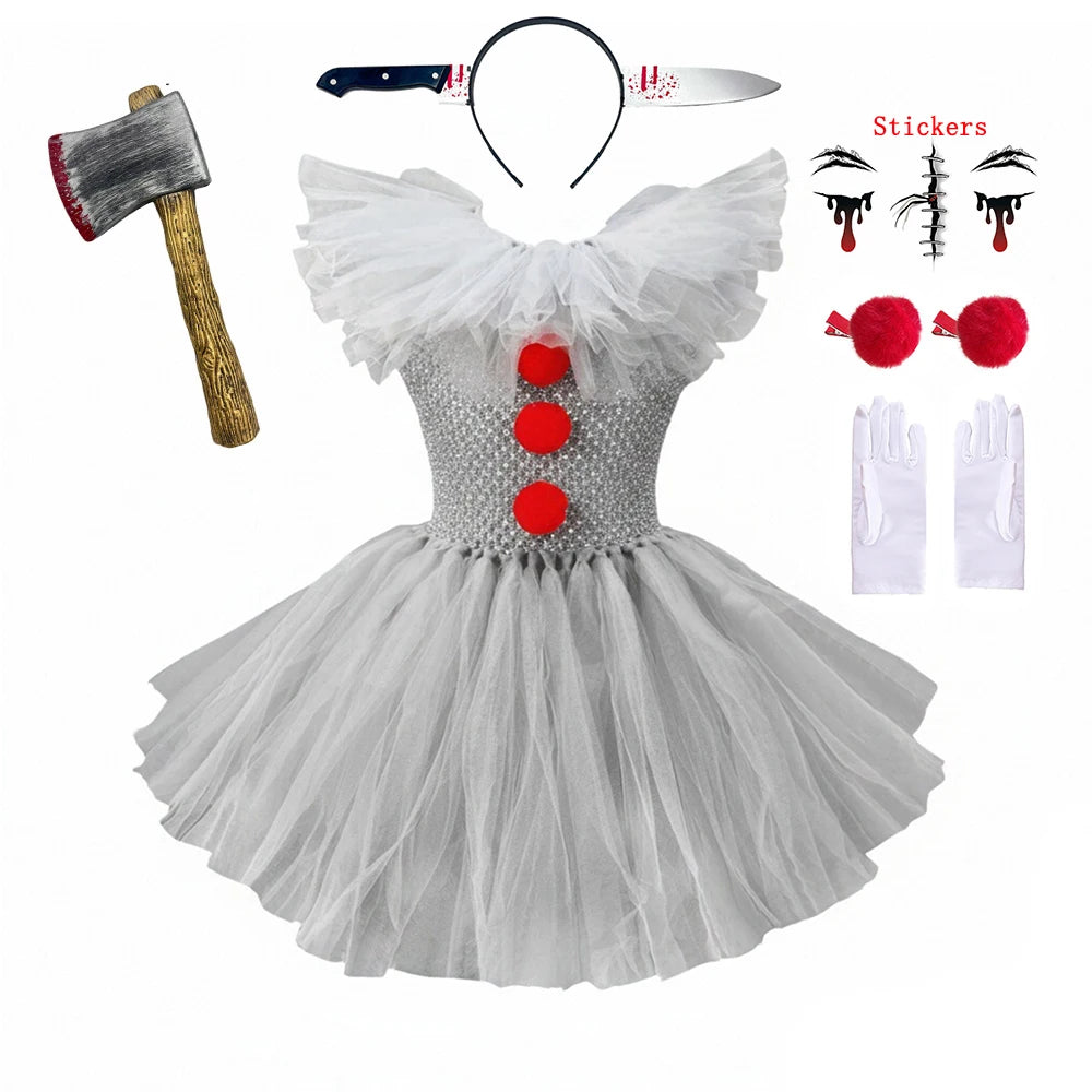 Fantasia de Palhaço Assustador para Meninas, Vestido Tutu de Tule Cinza, Roupa de Cosplay para Halloween, Carnaval dos Mortos e Festas de Palco