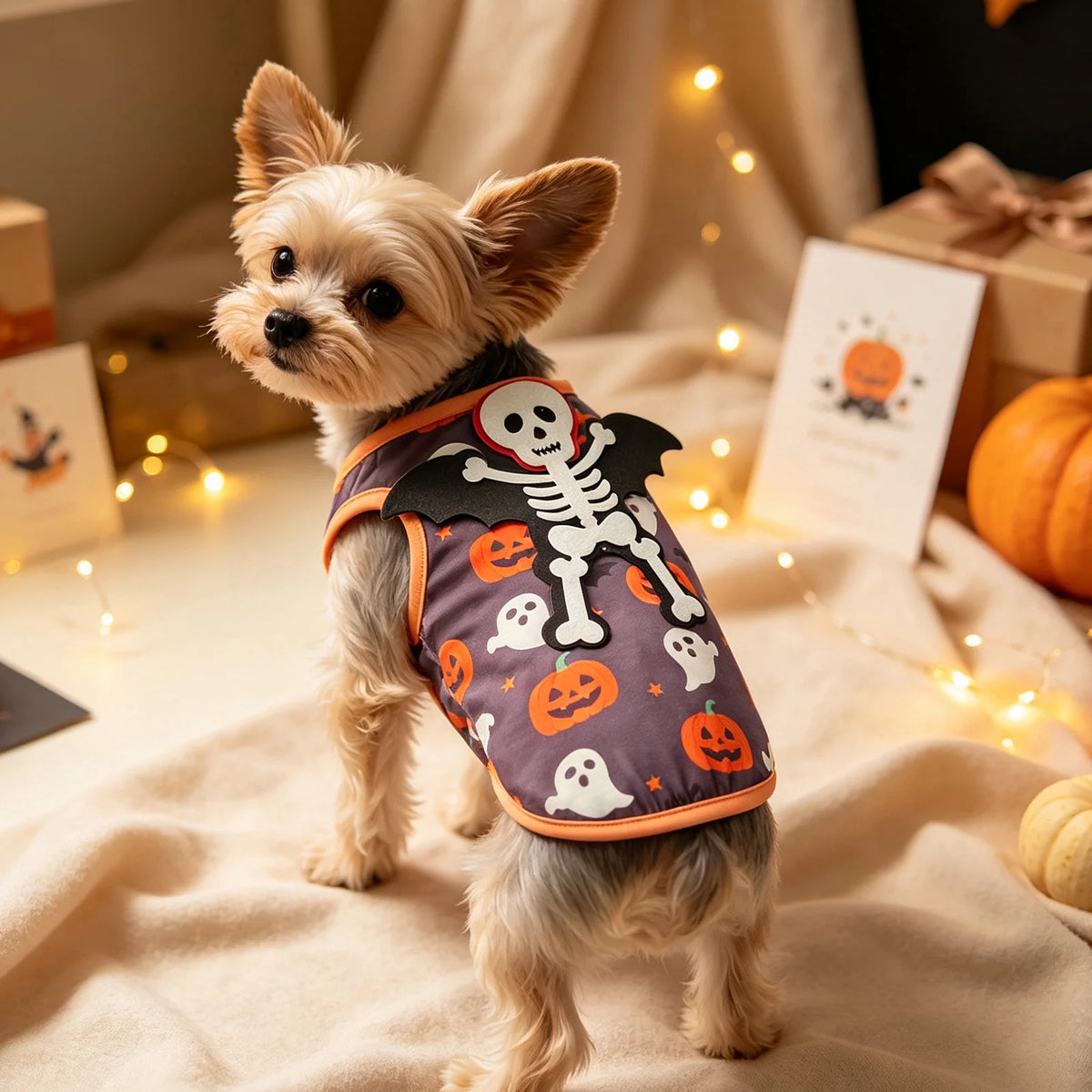 Fantasia de Halloween para Pets: Colete Divertido com Estampa de Abóbora e Morcego para Cães Pequenos - Roupa de Halloween para Pets