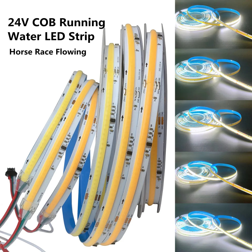 Cob ic cavalo corrida led luz de tira dc24v ws2811 água corrente fluindo fita lâmpada controle sem fio 5m 10m 20m iluminação linear cob