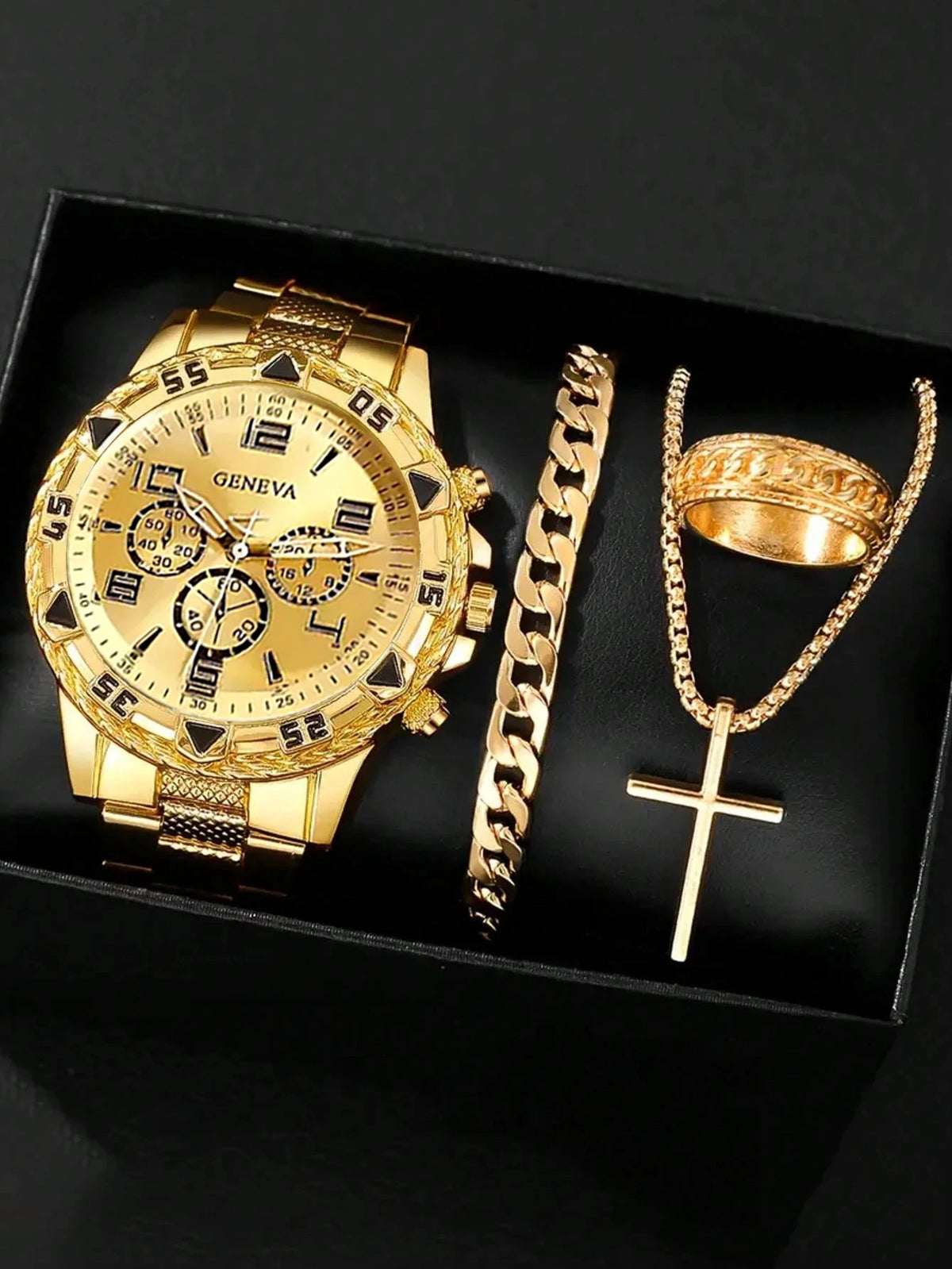 Gold alloy men's business steel bracelet quartz watch and chain bracelet necklace ring set - a birthday gift for him