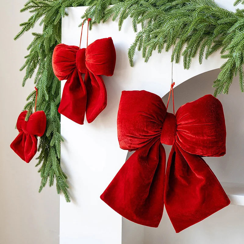 Decoração de laços de Natal, enfeites para árvores de Natal, laços de veludo vermelhos, enfeites pendentes para decoração de casa e festas de fim de ano.
