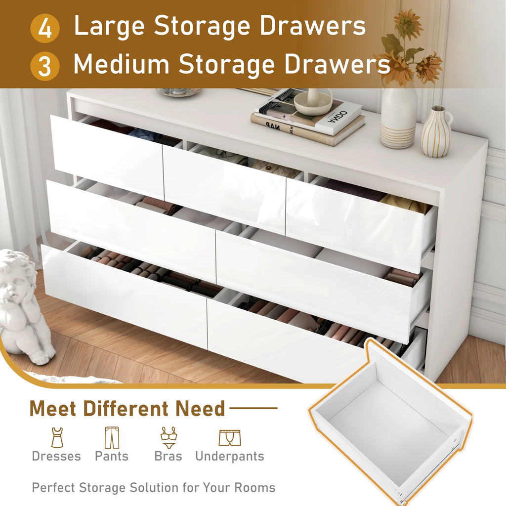Armário de 7 gavetas com gavetas de alto brilho, grande peito de madeira, branco e preto, 55 "cômoda moderna para o quarto