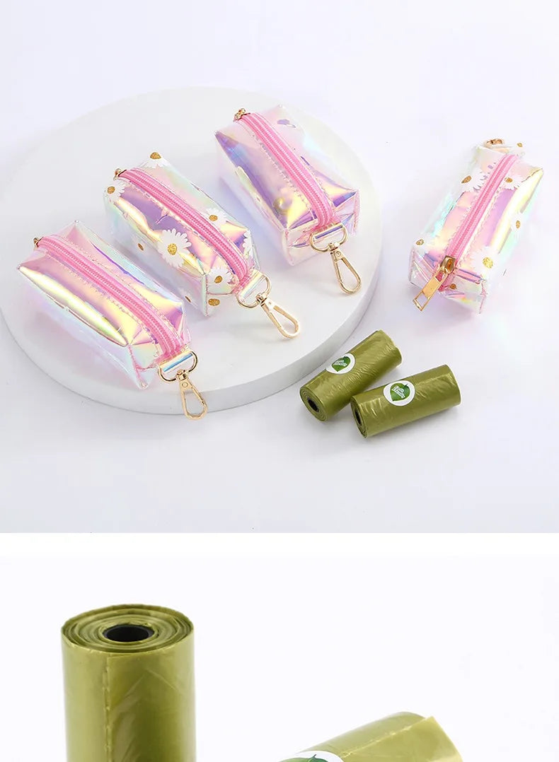 Novo pet cocô selecionador de couro a laser saco lixo escudo colorido transparente alto volume biodegradável dispensador suprimentos para animais estimação