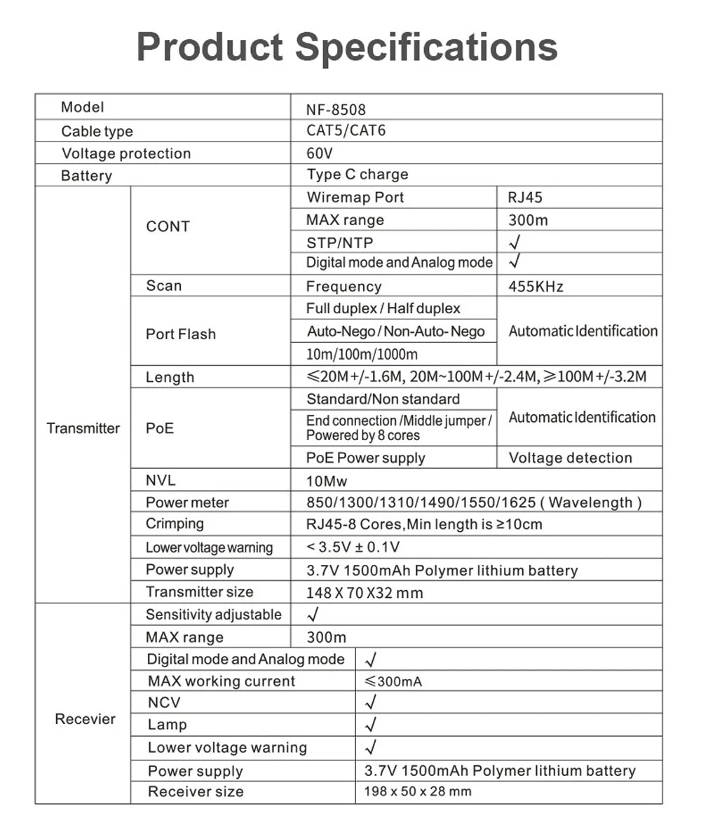 Noyafa-Network Cable Tester, Ethernet Cable Tracker, OPM VFL PoE Checker, Medir Comprimento, Wiremap, Ferramentas de Rede, NF-8508