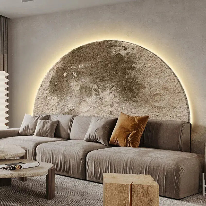 Pintura Decorativa para Sala de Estar com Tema Lunar, Pintura com Lâmpada LED de Parede, Painel de Fundo, Sensação de Alto Padrão, Pintura Suspensa em Arenito