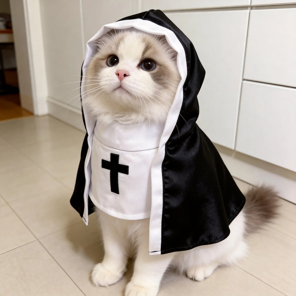Fantasia de Halloween para Cães e Gatos, Capa de Freira Engraçada, Fantasia Preta e Branca para Filhotes e Gatinhos